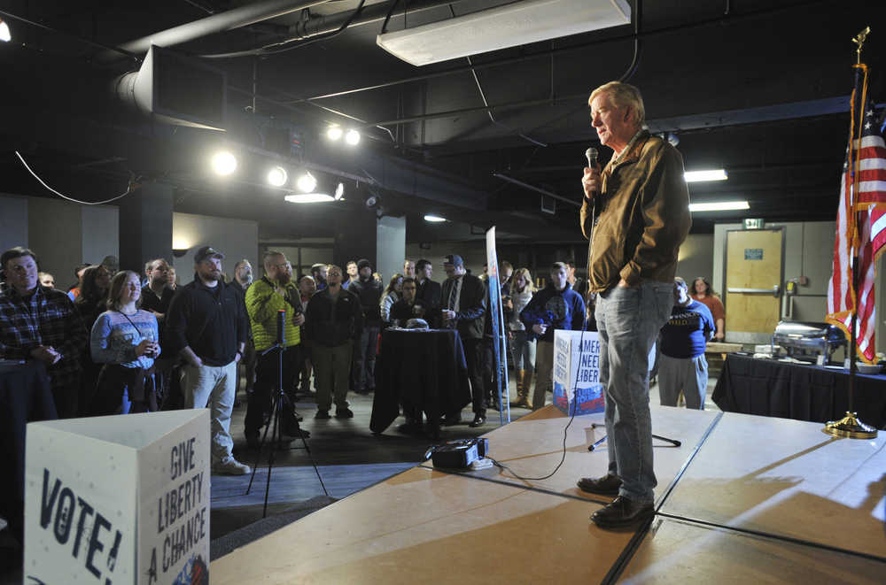 Libertarian vice presidential nominee Bill Weld speaks to supporters at a campaign rally Friday in Anchorage.