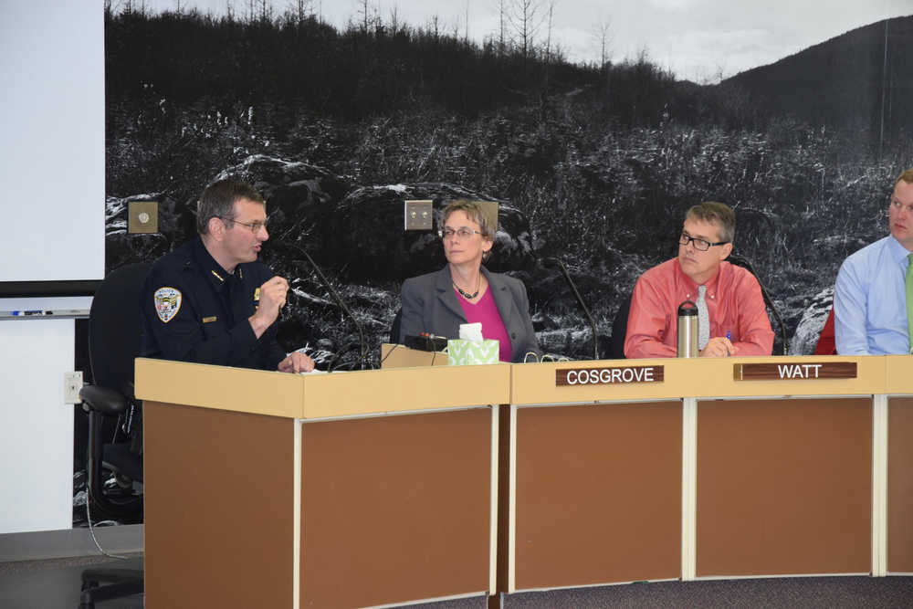 Juneau Police Department Chief Bryce Johnson explains how JPD approaches fireworks complaints at the city Assembly's Committee of the Whole meeting Monday night.
