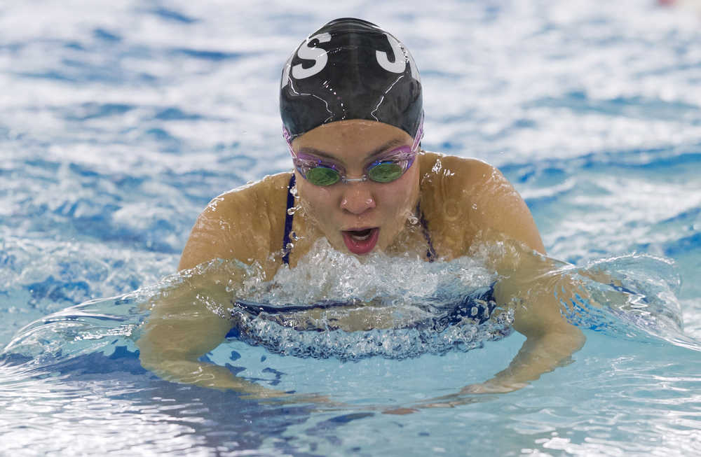 Mia Ruffin practices her breast stroke during Juneau-Douglas High School swim practice at the Augustus Brown Swimming Pool on Tuesday, Nov. 1, 2016.