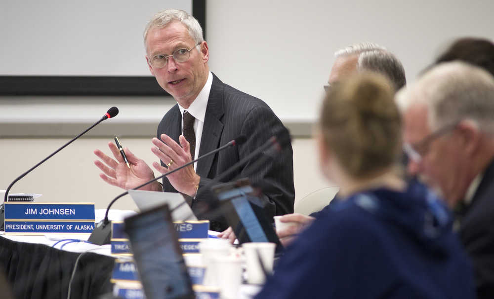 University of Alaska President Jim Johnsen makes his presentation to the university's Board of Regents at the UAS Recreation Center on Thursday.