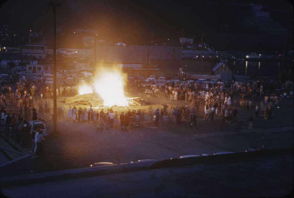 Statehood bonfire in downtown Juneau, 1958.