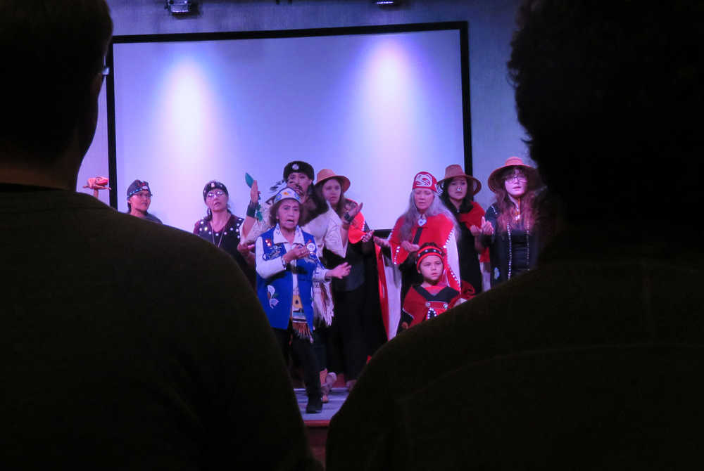 Multicultural dance group Yees Ku Oo performs at the Dec. 4 fundraiser for Tlingit playwright Frank Kaash Katasse's upcoming play, "They Don't Talk Back."