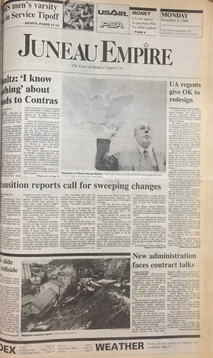 The front page of the Juneau Empire for Dec. 8, 1986