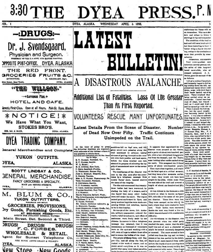The front page of The Dyea Press on April 6, 1898, after the April 3, 1898 avalanche on the Chilkoot Trail.