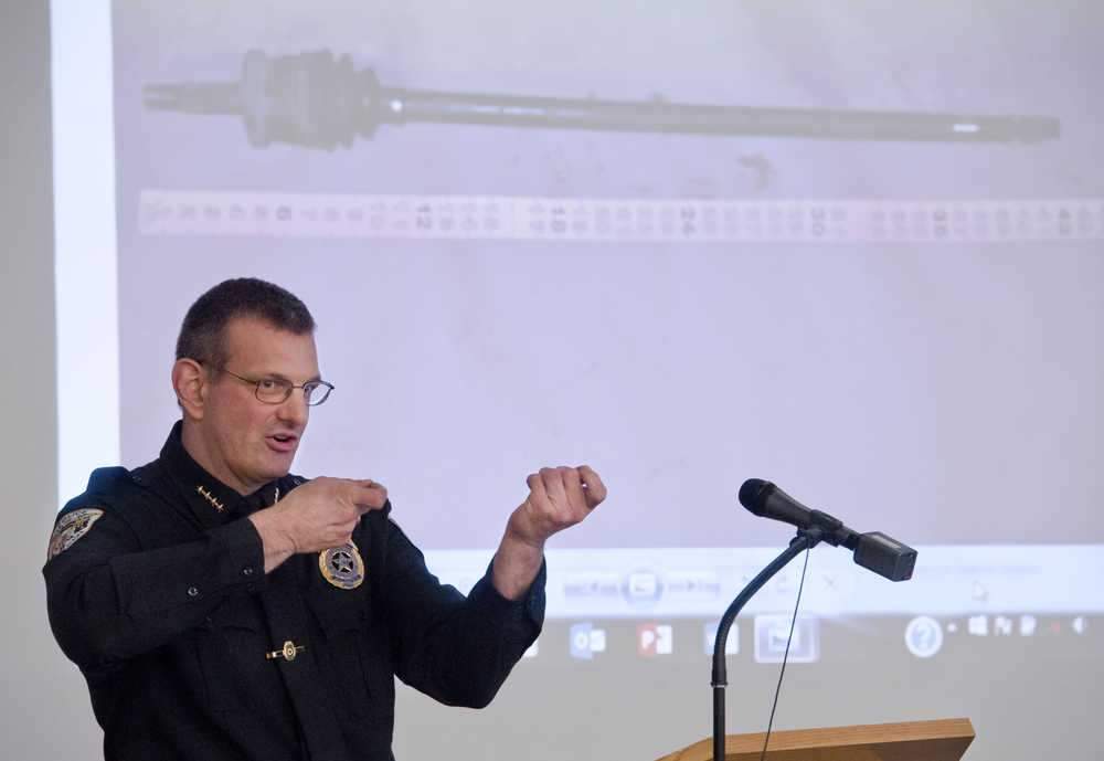 Juneau Chief of Police Bryce Johnson describes during a press conference at the Juneau police station on Friday how Jeremie Shaun Tinney pointed a rifle-bored axle at Juneau police officers and a paramedic in early December that prompted Sgt. Chris Gifford to fire one shot at Tinney in self-defense. Sgt. Gifford was cleared of any wrongdoing.