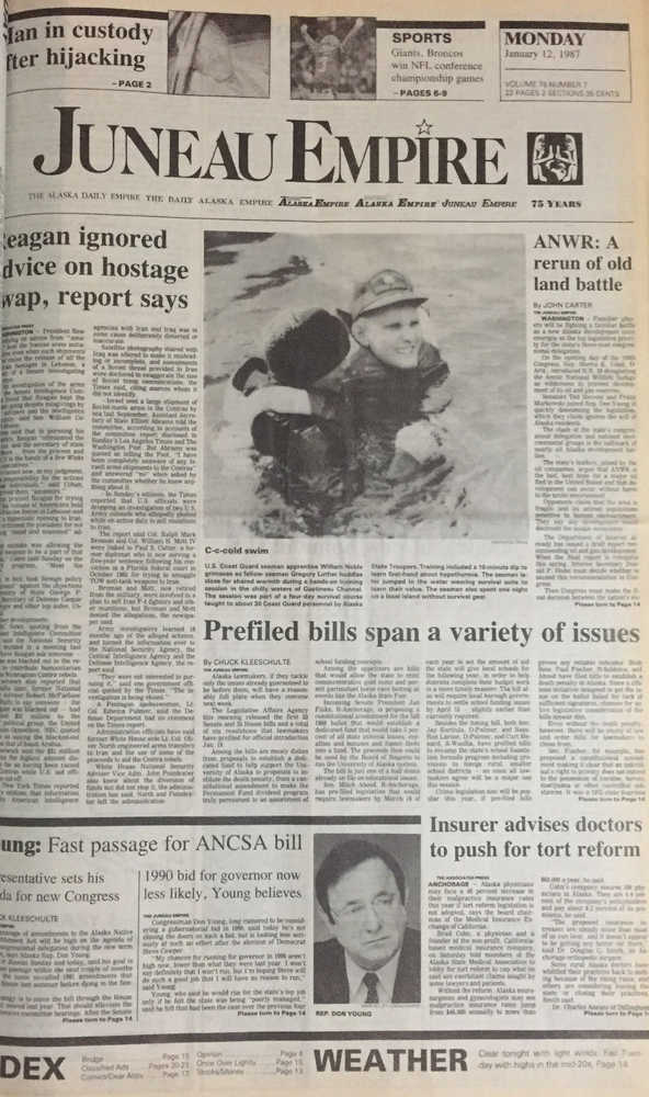 The front page of the Juneau Empire on Jan. 12, 1986