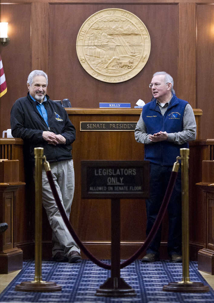 Incoming Senate President Pete Kelly, R-Fairbanks, left, and incoming Speaker of the House Bryce Edgmon, D-Dillingham, stand together in the Senate chambers at the Capitol on Thursday, Jan. 12, 2017, as they welcome new legislators. The 30th Legislature opens their 1st session next Tuesday.