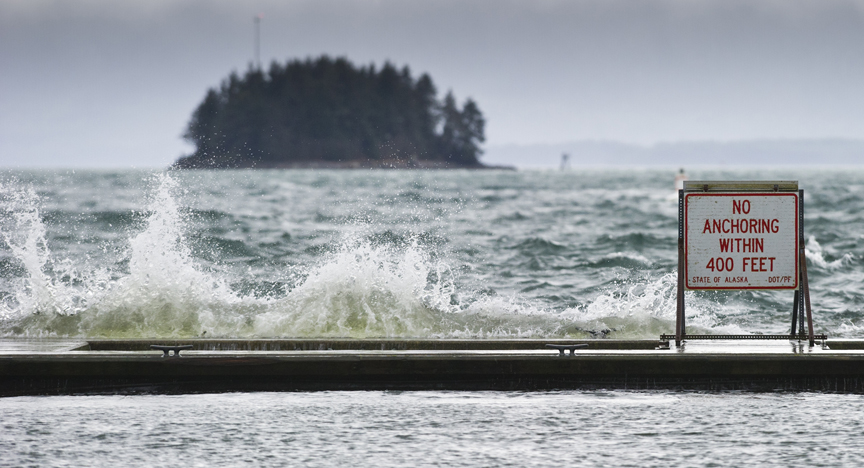High winds send waves crashing into the breakwater at the Don D. Statter Harbor in Auke Bay in January 2016.
