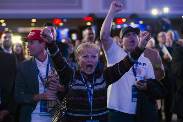Supporters of Republican presidential candidate Donald Trump cheer during an election night rally, Tuesday in New York.