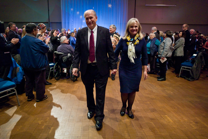 Gov. Bill Walker and his wife, Donna, right, walk out of Centennial Hall after his Inaugural Ceremony. First Lady Donna Walker was adopted into a Tlingit clan Thursday night during a surprise ceremony at the Governor's Mansion in Juneau.