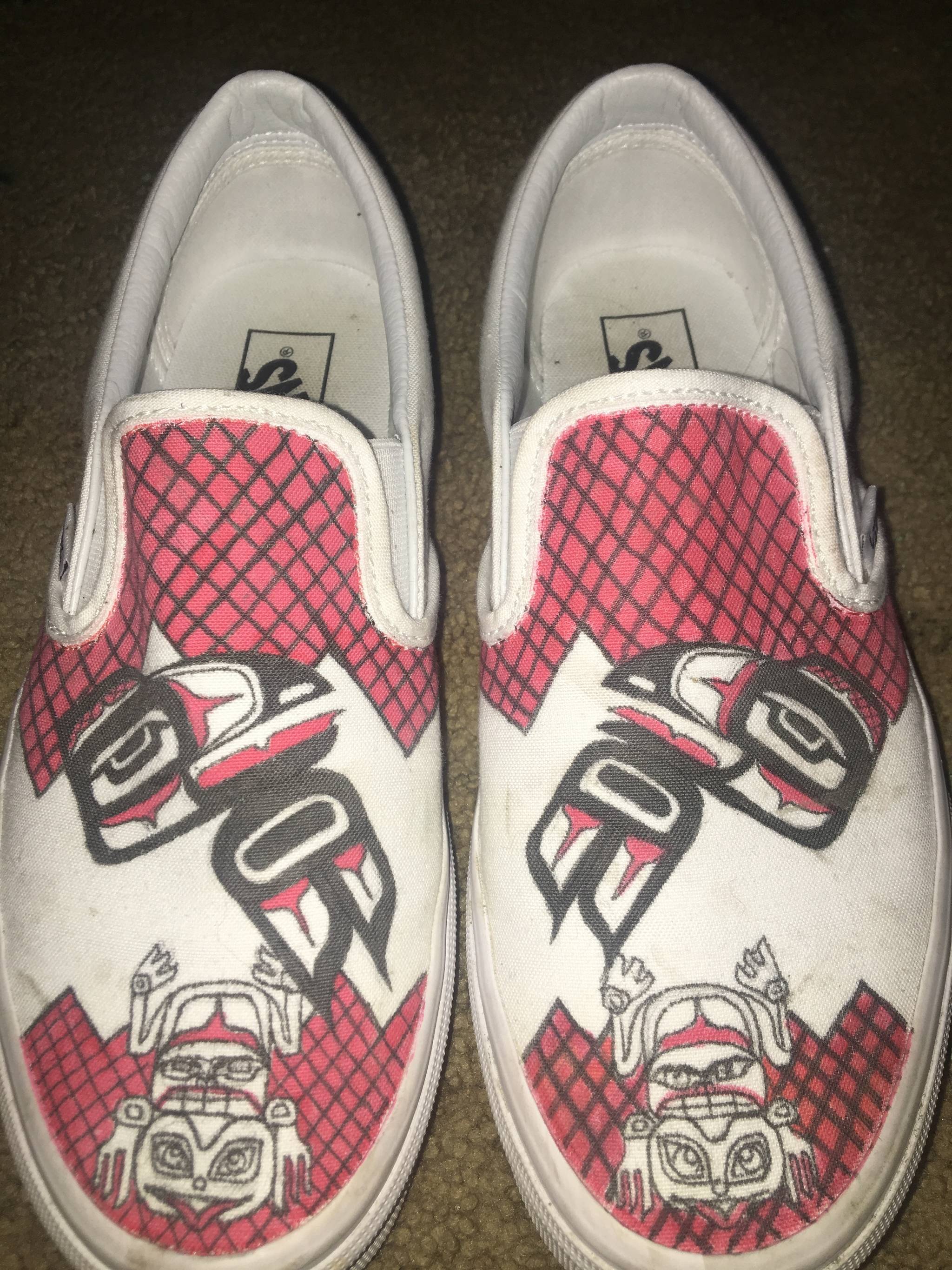 Sydney Johnson’s white Vans carry formline designs of a raven and a frog, representing her moiety and clan. (Courtesy Photo | Sydney Johnson)