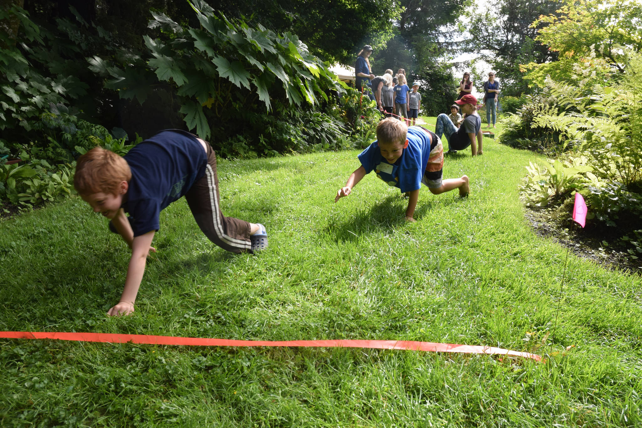 Kids participate in a spider crawl race during Bug Day at the Jensen-Olson Arboretum on Saturday, Aug. 11, 2018. (Kevin Gullufsen | Juneau Empire)