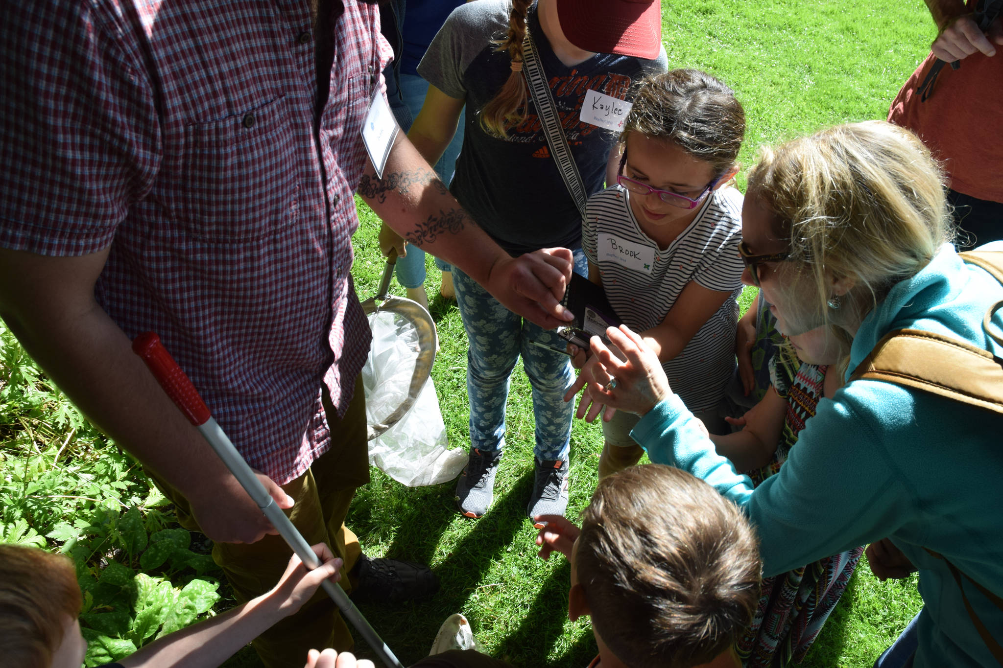 U.S. Forest Service technician Isaac Davis shows kids a dragonfly during Bug Day at the Jensen-Olson Arboretum on Saturday, Aug. 11, 2018. (Kevin Gullufsen | Juneau Empire)