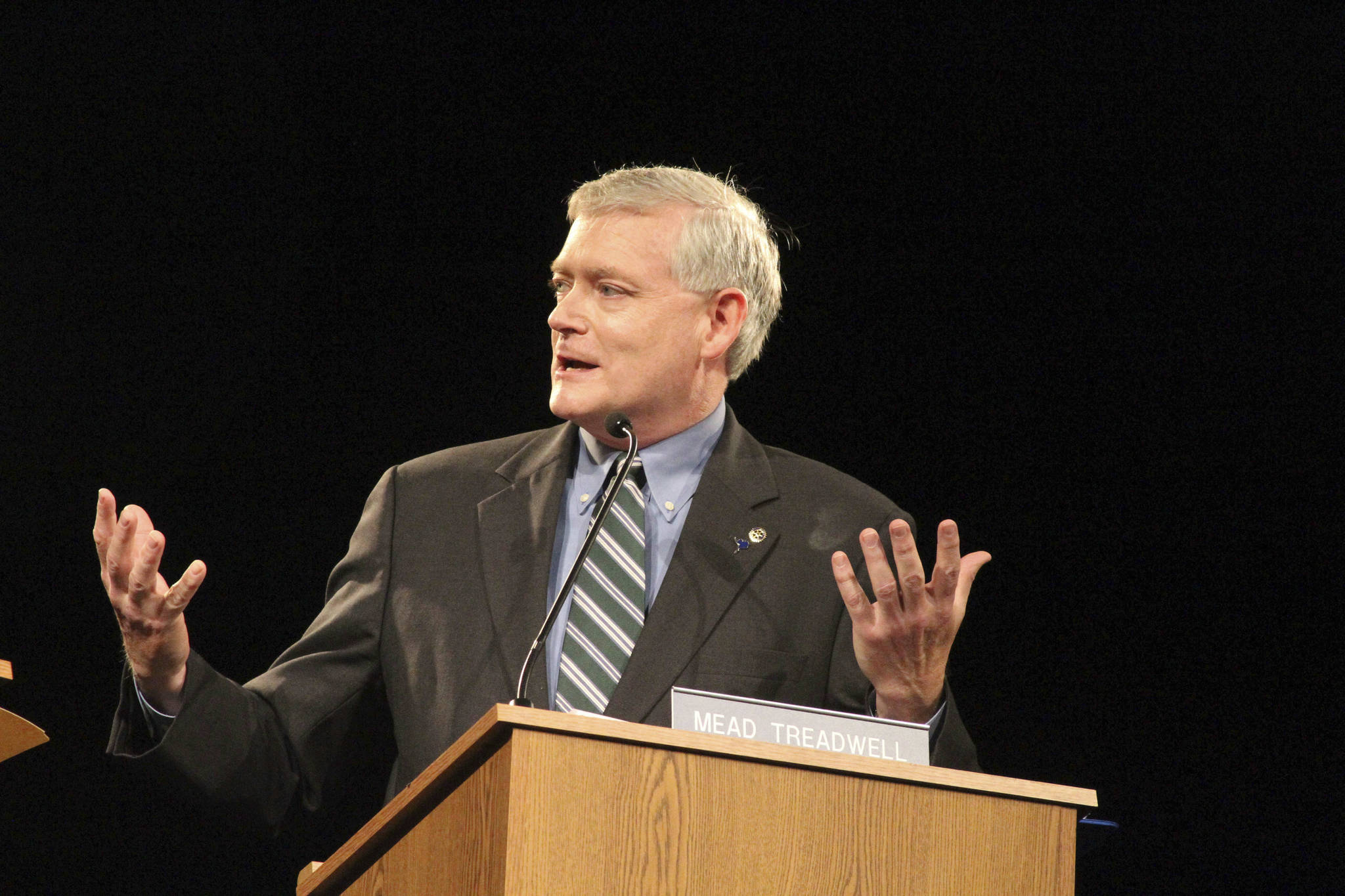 In this Aug. 10, 2014 file photo, Alaska Lt. Gov. Mead Treadwell, talks during a live televised debate in Anchorage, Alaska. (AP Photo/Mark Thiessen, File)