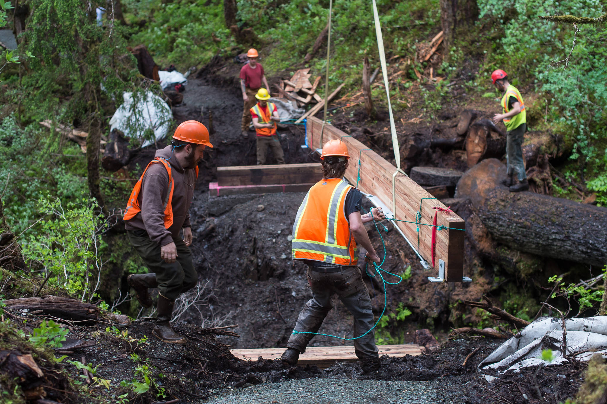 Trail Mix crew works as parts of a new bridge are lowered by helicopter at Paris Creek on the Treadwell Ditch Trail on Thursday, July 6, 2017. (Michael Penn | Juneau Empire File)