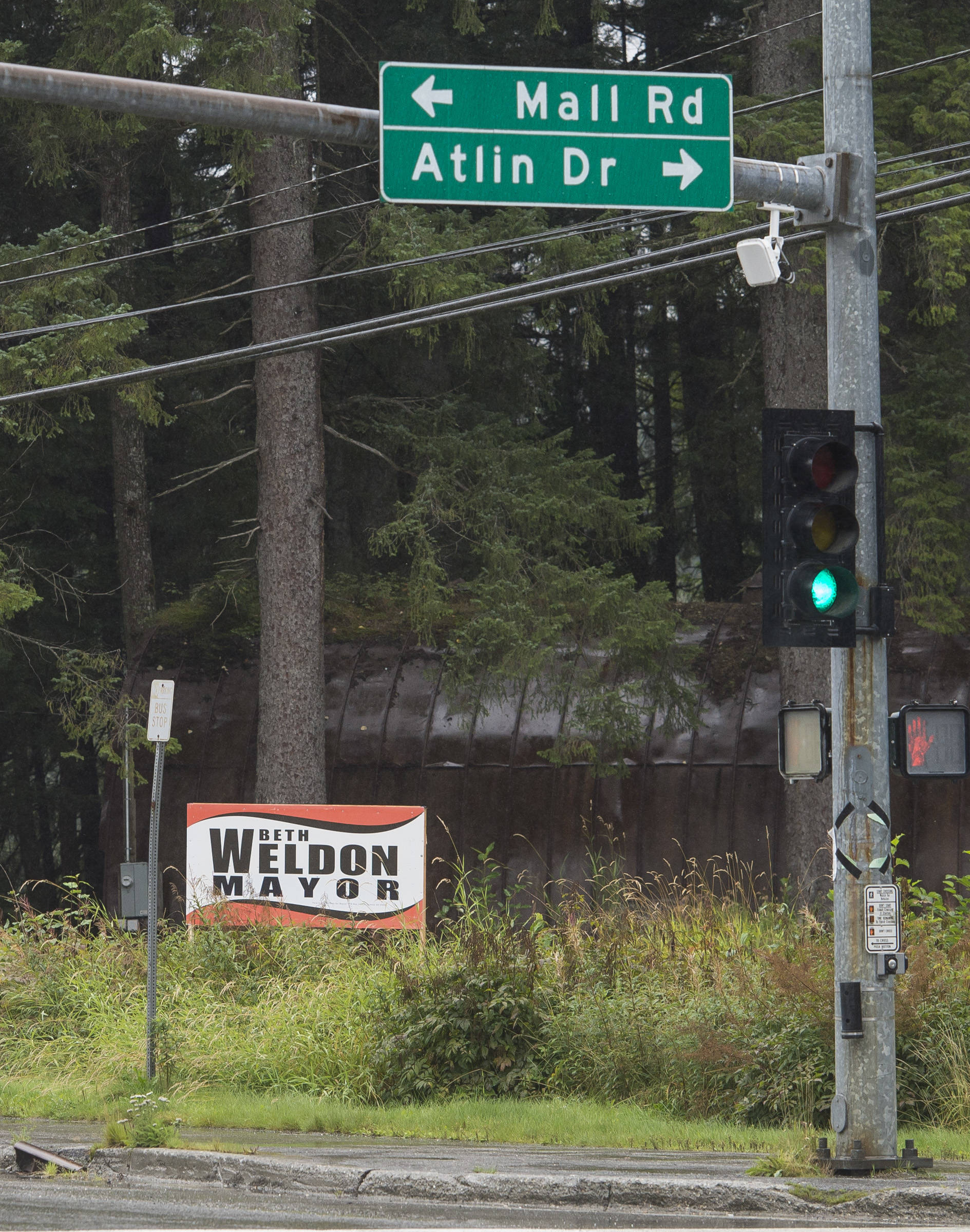 A Beth Weldon election sign on Mendenhall Loop Road on Friday, Aug. 24, 2018. Alaska statute states signs on private or commercial property cannot be located within 660 feet of a state-maintained road or “with the purpose of their message being read from the main traveled way.” (Michael Penn | Juneau Empire)