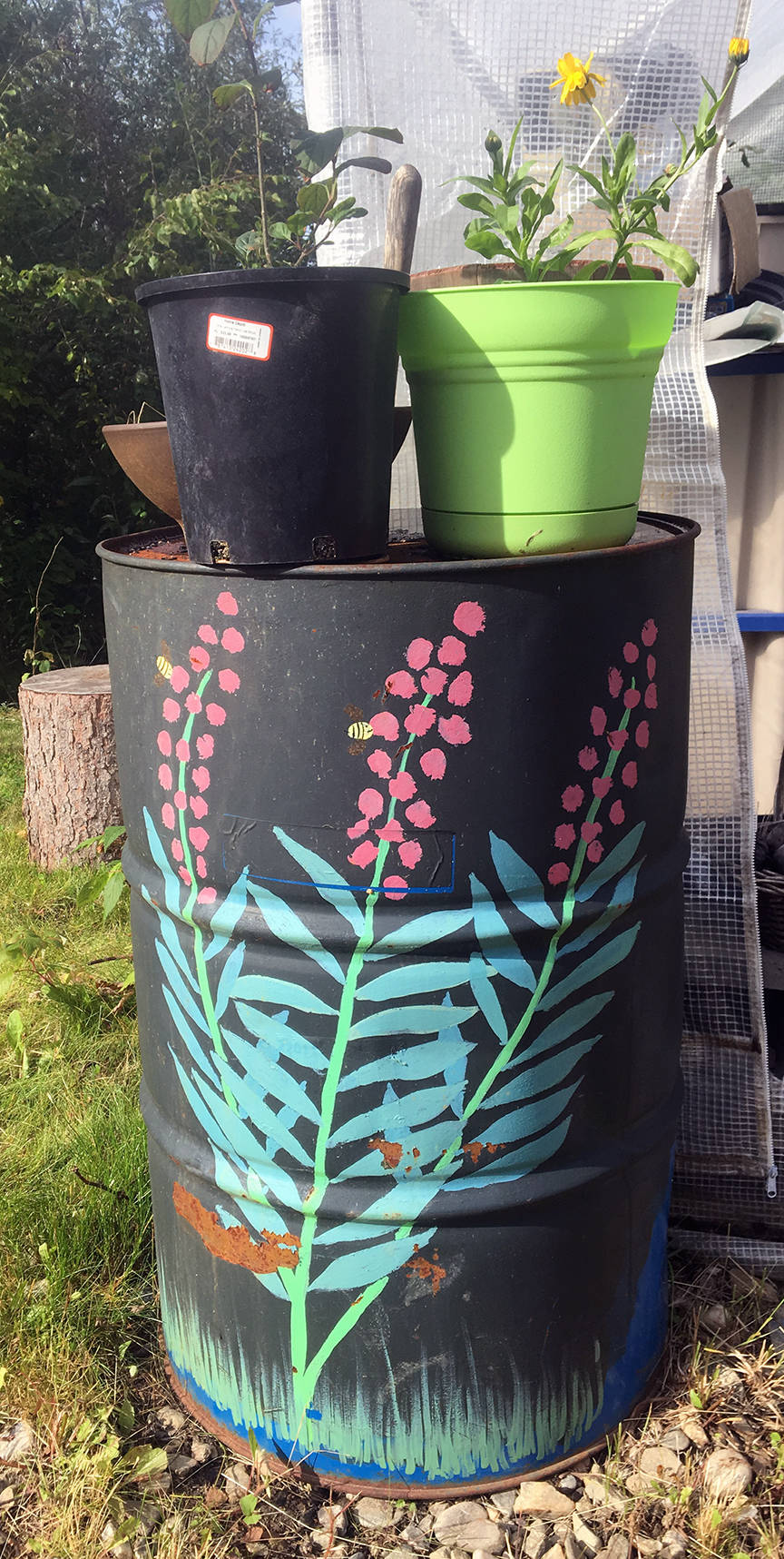Fireweed painted on a barrel on Cranberry Ridge in Fairbanks on Aug. 22, 2018.