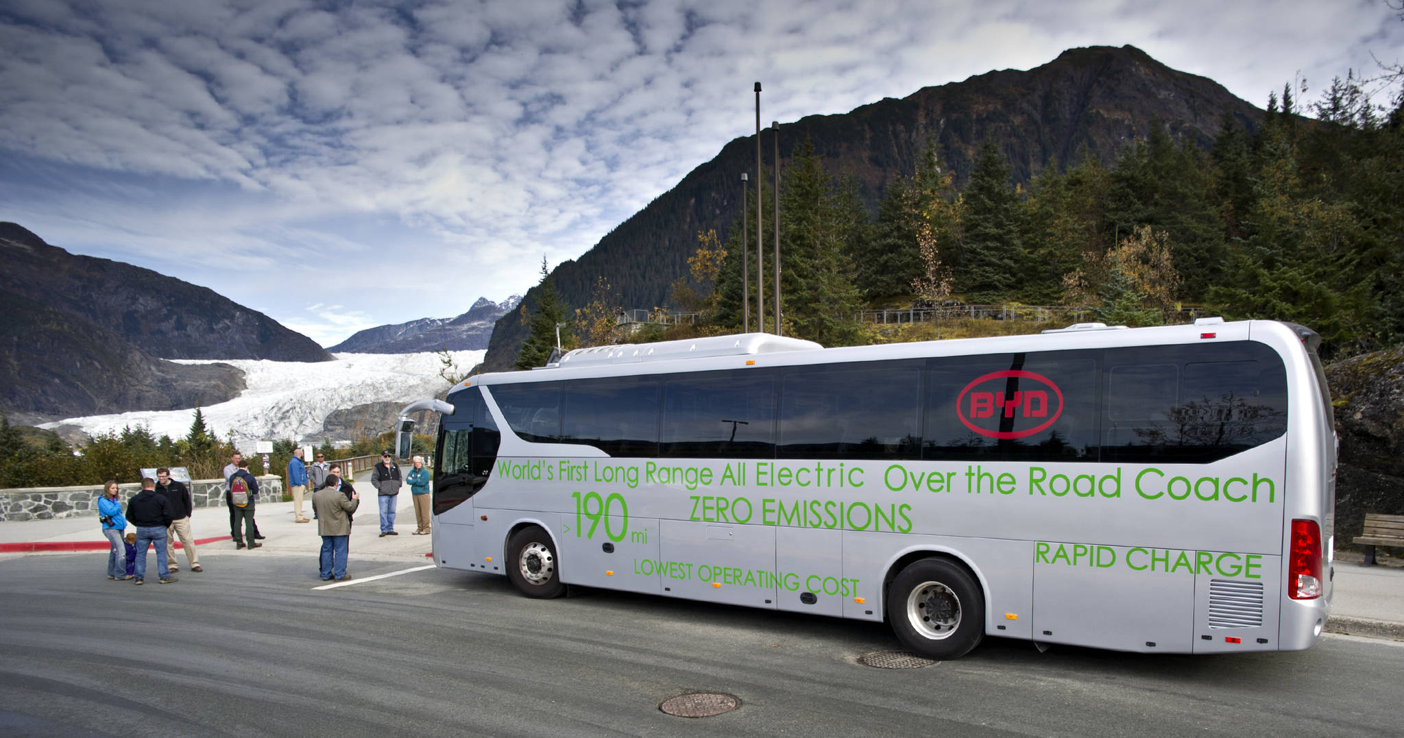An electric motor coach provided by BYD Auto Co., Ltd., a Chinese automobile manufacturer based in Shenzhen, Guangdong Province, and Alaska Coach Tours stops at the Mendenhall Glacier Visitors Center to showcase the potential for electric vehicle bus transportation as part of the tourism industry in Alaska on Tuesday, Oct. 6, 2015. (Michael Penn | Juneau Empire File)