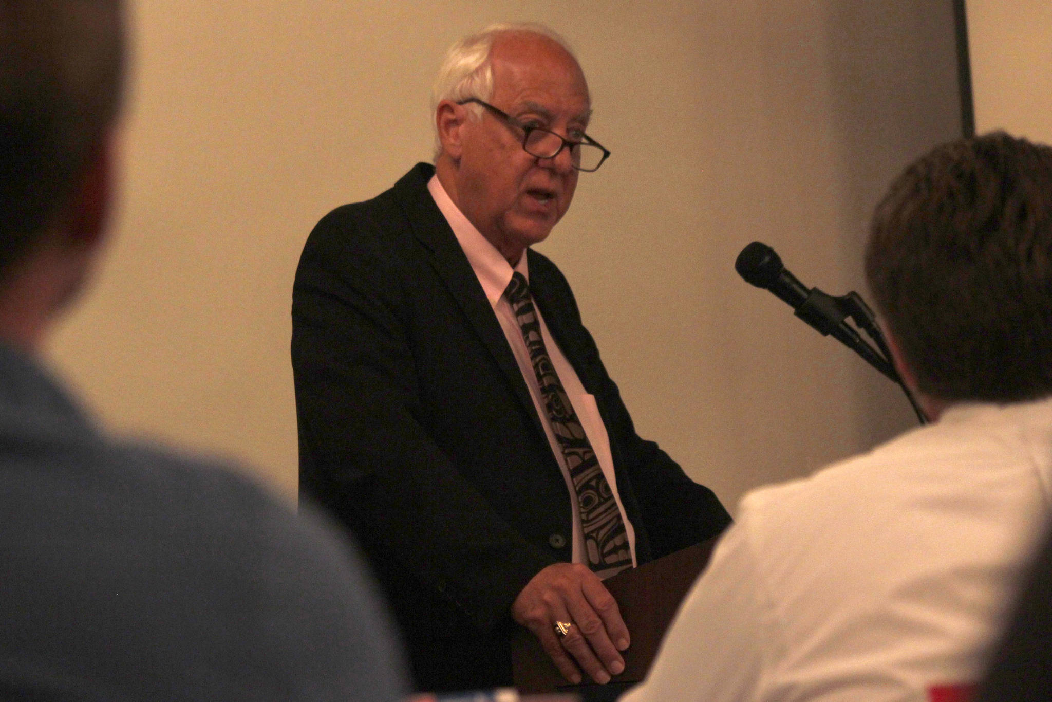 Mayor Ken Koelsch speaks at the Juneau Chamber of Commerce luncheon on Thursday, Aug. 30, 2018. Koelsch, who is not running for re-election this fall, reflected on his two and a half years as mayor during the speech. (Alex McCarthy | Juneau Empire)