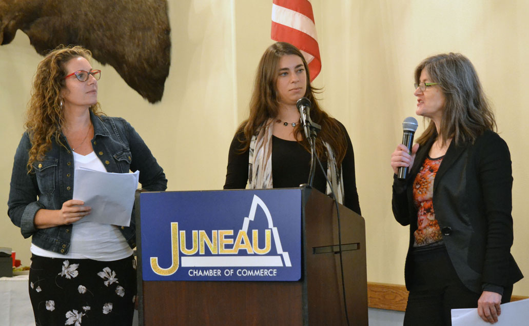 Jill Ramiel, left, Dana Herndon, center, and Evelyn Rousso, right, speak about a new downtown revitalization program during the Juneau Chamber of Commerce's weekly luncheon Thursday. All three are members of the Downtown Business Association.