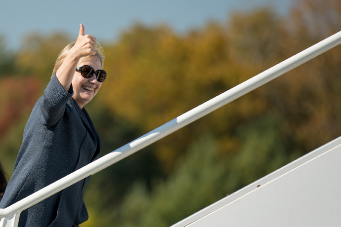 Democratic presidential candidate Hillary Clinton boards her campaign plane at Westchester County Airport in White Plains, N.Y., Tuesday, Oct. 18, 2016, to travel to Las Vegas for the third presidential debate.