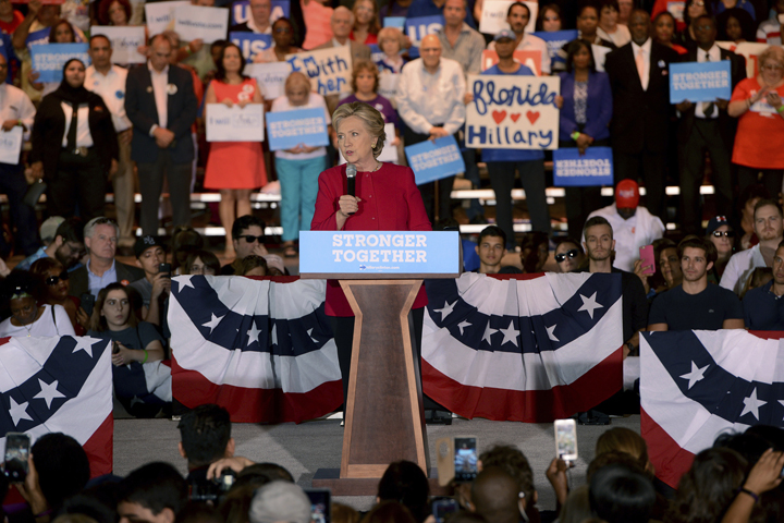 Democratic presidential nominee Hillary Clinton speaks at an early voting rally on the Broward College campus in Coconut Creek, Fla. on Tuesday, Oct. 25.