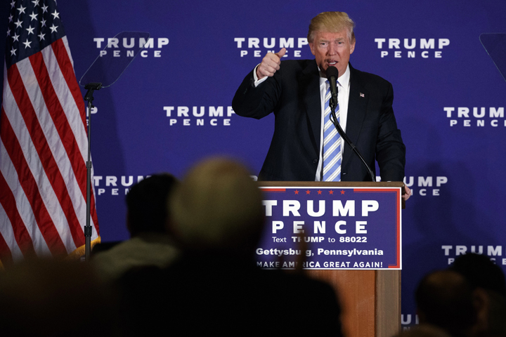 In this Oct. 22 photo, Republican presidential candidate Donald Trump delivers a speech during a campaign event in Gettysburg, Pa. Trump has warned for weeks of a “rigged” election, telling his supports to watch out for large-scale voter fraud, despite a lack of evidence that it exists. In the past few days, Trump has specifically raised concerns about people fraudulently voting using the names of dead people and cited research showing 1.8 million deceased people are still listed on state voter rolls.