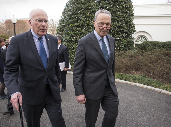 In this March 2016 file photo, Sen. Patrick Leahy, D-Vt., the ranking member of the Senate Judiciary Committee, left, and Sen. Chuck Schumer, D-N.Y., right, depart the White House.