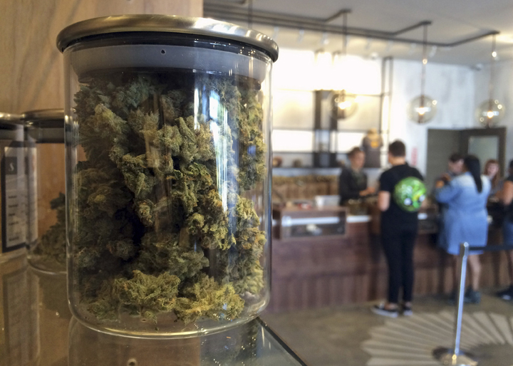In this April 20, 2016 file photo, customers buy products at the Harvest Medical Marijuana Dispensary in San Francisco. California's lopsided U.S. Senate is nearing a historic end and voters are pondering a long list of ballot questions that could legalize marijuana, end the death penalty and slap cigarette smokers with a $2-a-pack tax increase.