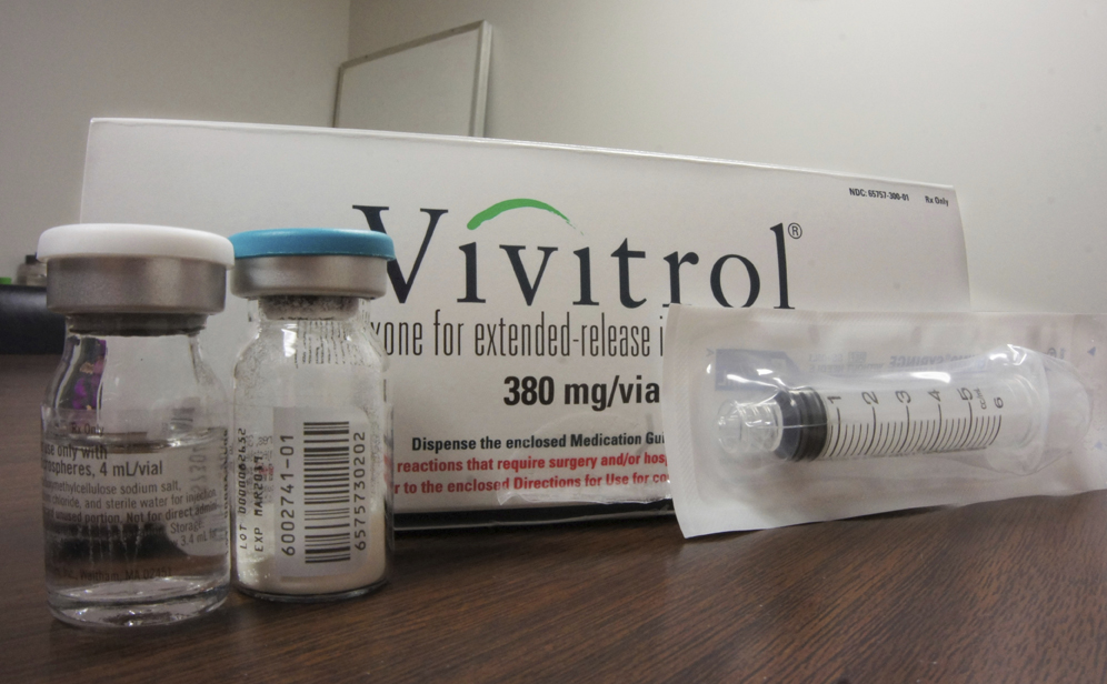 This Oct. 19 photo taken at Family Guidance Center, an addiction treatment center in Joliet, Illinois, shows the packaging of Vivitrol, a high-priced monthly injection used to prevent relapse in opioid abusers.