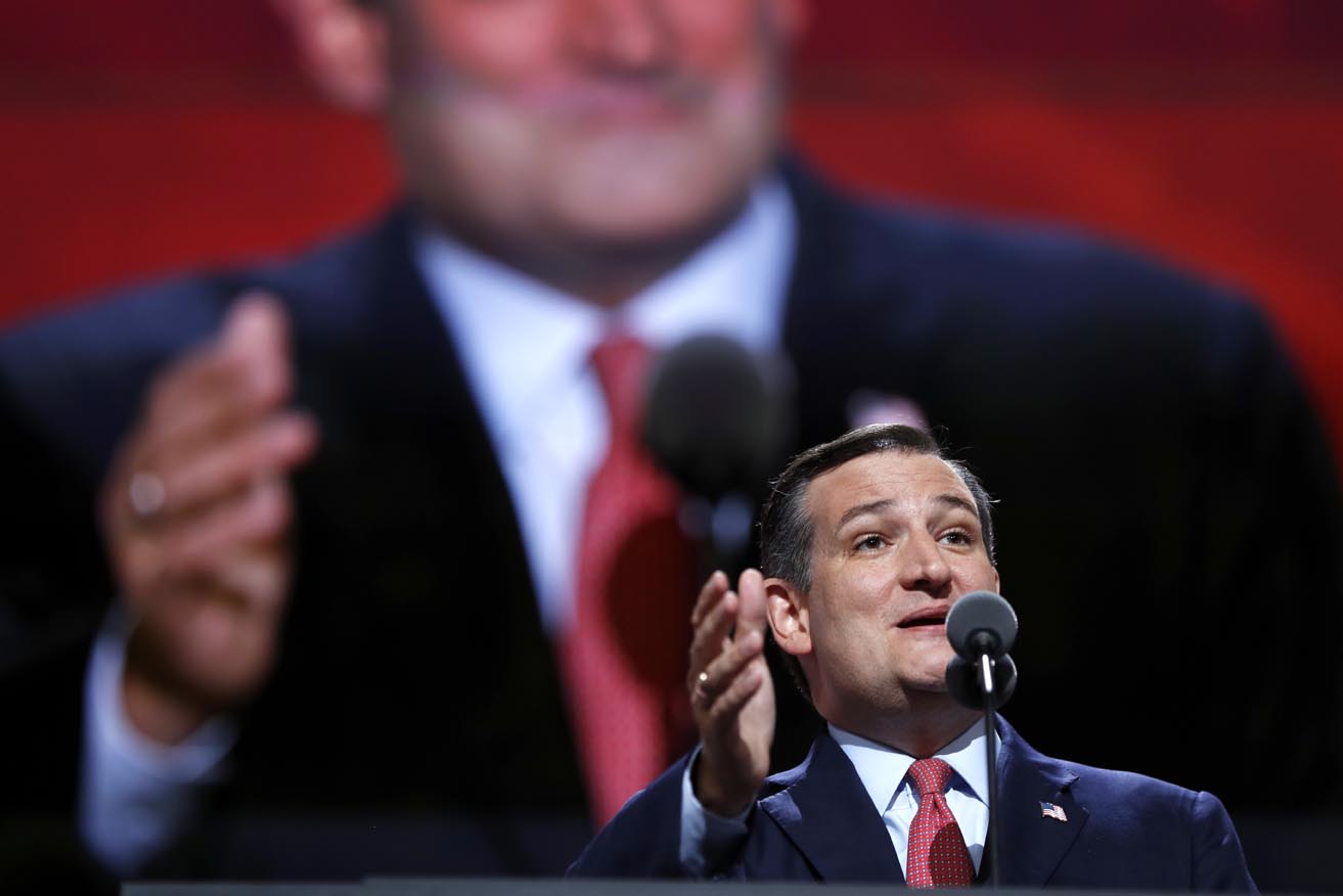 Sen. Ted Cruz, R-Texas, addresses the delegates during the third day session of the Republican National Convention in Cleveland on Wednesday.
