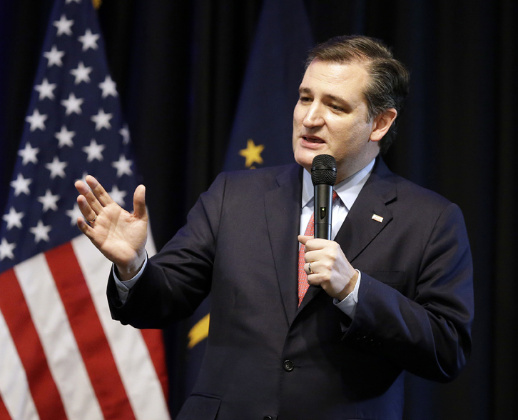 In this April 21 photo, Republican presidential candidate, Sen. Ted Cruz, R-Texas, speaks during the Indiana Republican Party Spring Dinner in Indianapolis.