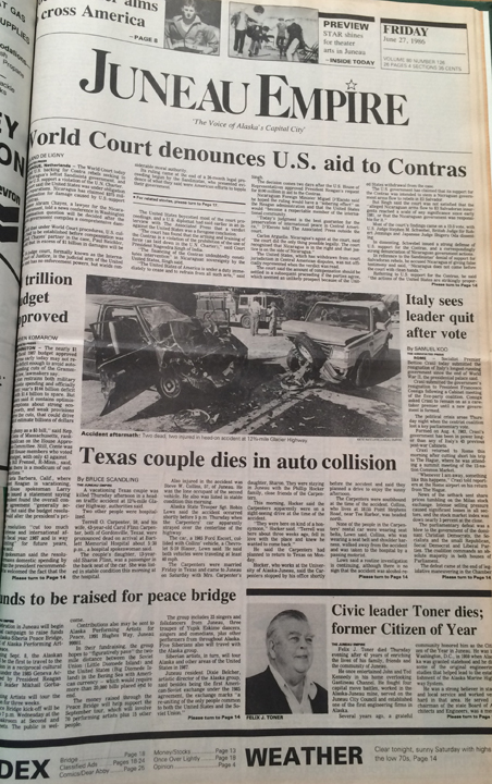 The front page of the Juneau Empire on June 27, 1986
