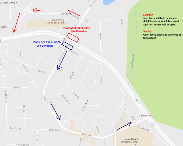 This map shows the detour routes for this weekend's construction on Egan Drive.