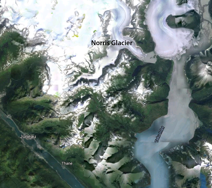 Norris Glacier is located south of Juneau, near the Taku Inlet.
