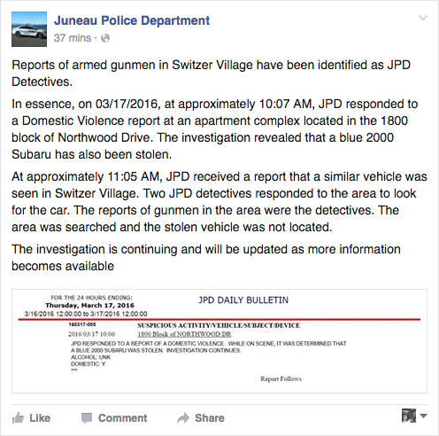 A screenshot of JPD's Facebook page Thursday afternoon, quelling rumors on social media that armed gunmen were at Switzer Village Mobile Park.