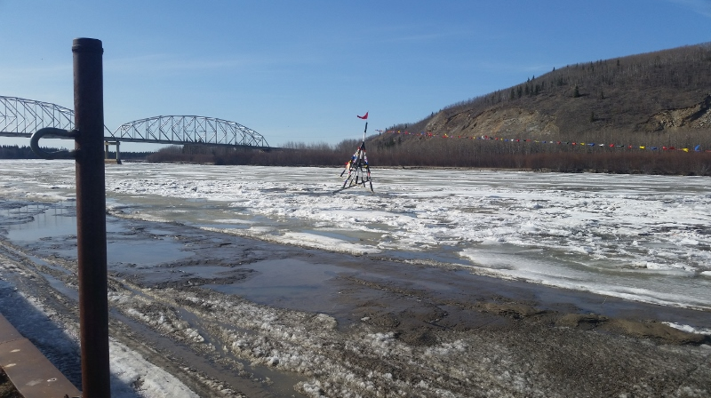 A screengrab from the official website of the Nenana Ice Classic, showing the Tanana River ice and the tripod 100 feet downstream, which stopped the clock at 3:39 p.m. April 23.