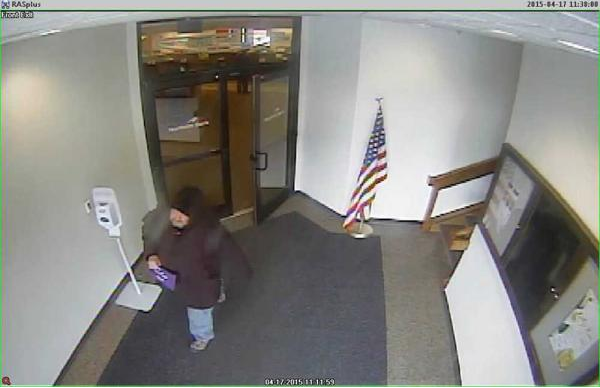 This surveillance camera image, provided by the Juneau Police Department, shows a man who robbed the Northrim Bank branch in the Mendenhall Valley on April 17, 2015. The Juneau Police Department later identified him as Larry Randolph Powell of Bay Minette, Alabama.