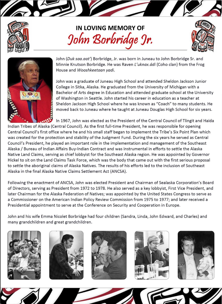 A note from Tlingit and Haida Central Council on John Borbridge Jr.'s passing, via their Facebook page