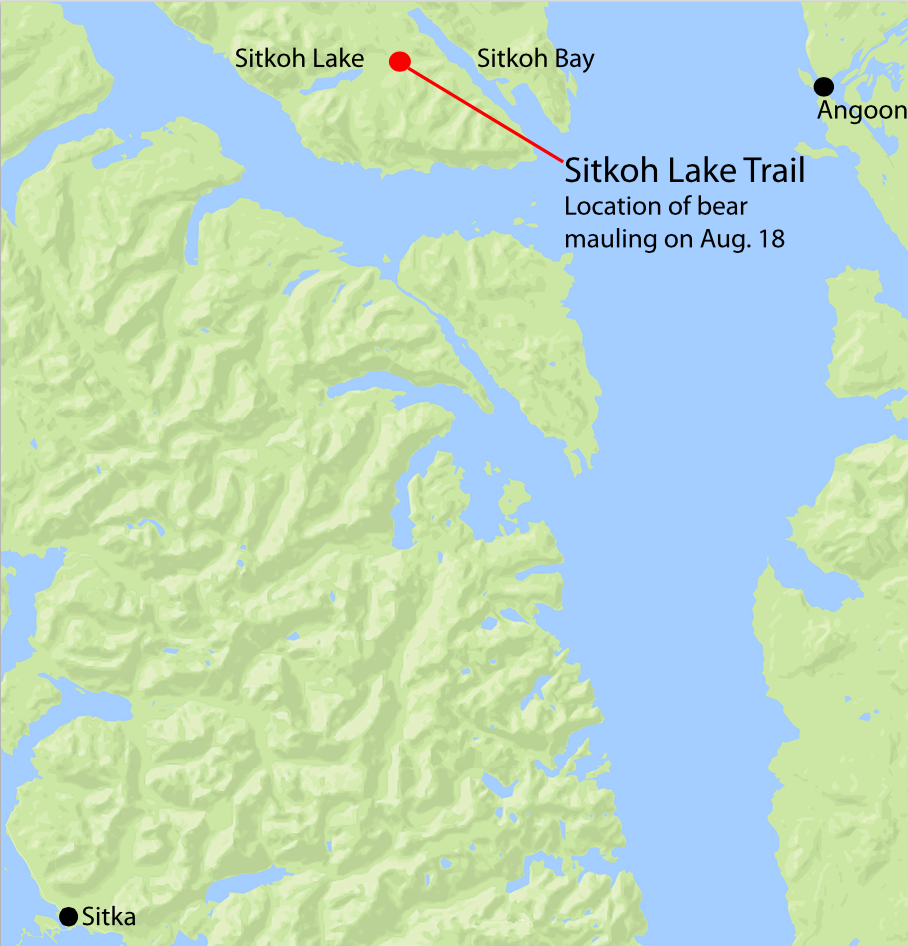 The map shows where Thursday's bear mauling took place.