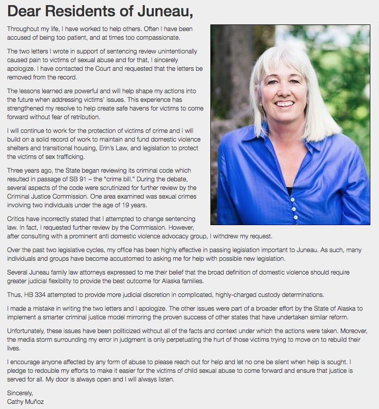 Rep. Cathy Muñoz's apology letter, as it appears on her website