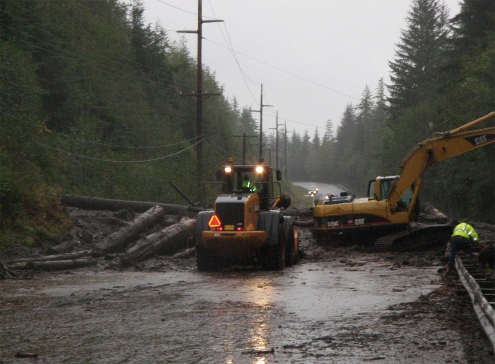 Crews worked to clear this landslide that blocked Mitkof Highway in September of 2009.