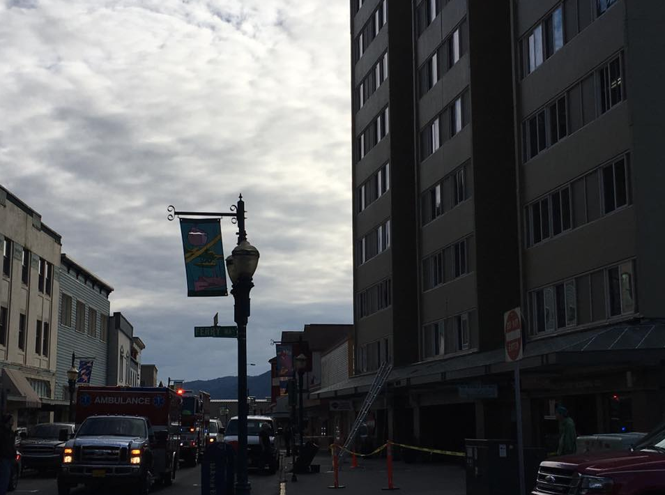 The photo that CCFR posted on its Facebook page, saying the department was on Franklin Street responding to a call about a window washer who fell four stories off the Marine View Center apartment building onto a glass awning on South Franklin Street.
