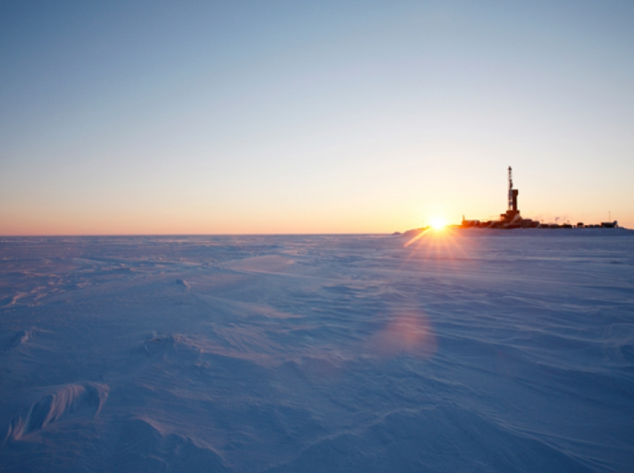 A rig drills one of the two exploration wells Caelus Energy drilled at its remote North Slope Smith Bay prospect earlier this year.