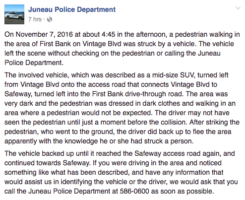 This JPD Facebook post describes a hit-and-run that took place on Vintage Drive Monday.