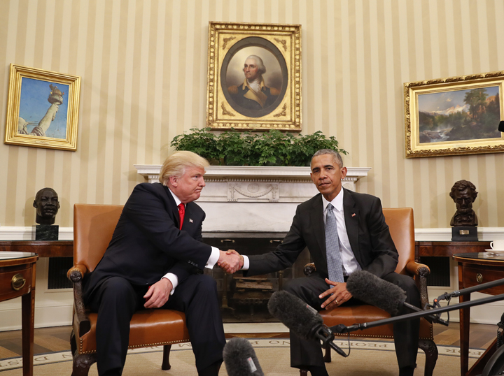 In this Nov. 10 photo, President Barack Obama and President-elect Donald Trump shake hands following their meeting in the Oval Office of the White House.