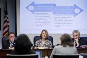 In this Oct. 26, 2015 photo, Senate Finance Committee members to a presentation on Gov. Bill Walker's proposed buy-out of TransCanada in a gasline project at the Capitol. Low oil prices may jeopardize the possibility of brining an Alaska gasline project to fruition.
