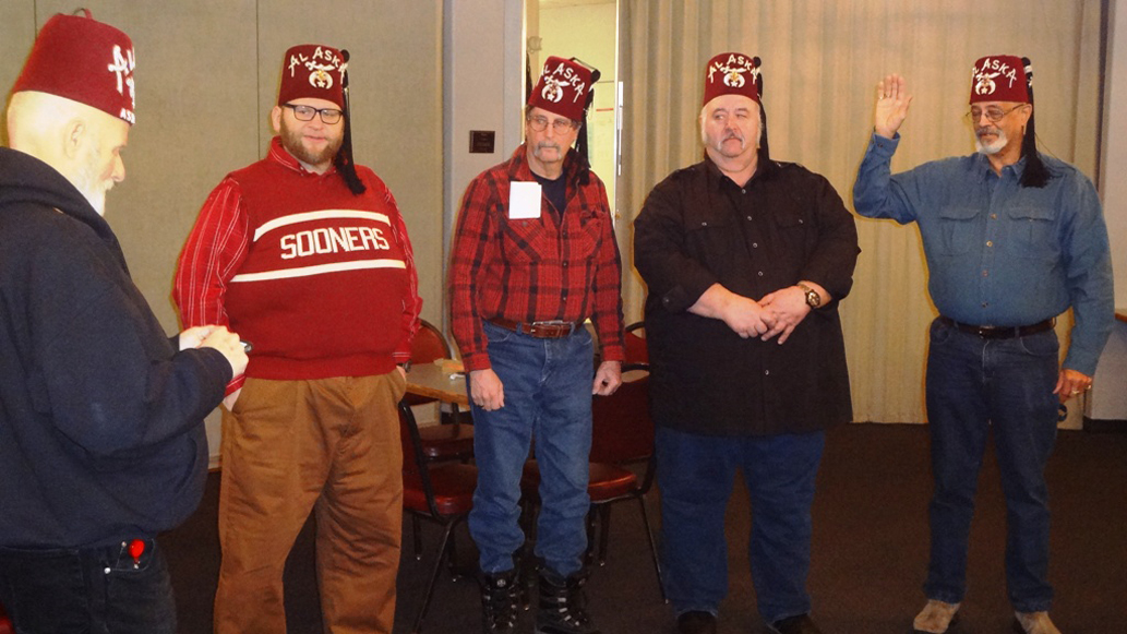 The Juneau-Douglas Shrine Club installed its 2017 officers in a Jan. 4 ceremony at the Juneau Moose Lodge. From left, they are: Chief Rabban Larry White, Installing Officer; Charles Ward, Secretary; Larry Fanning, 2nd Vice President; Craig Bumpus, 1st Vice President and Mer’chant Thompson, President. Not pictured is Jim Robinson, Treasurer. (Courtesy photo)
