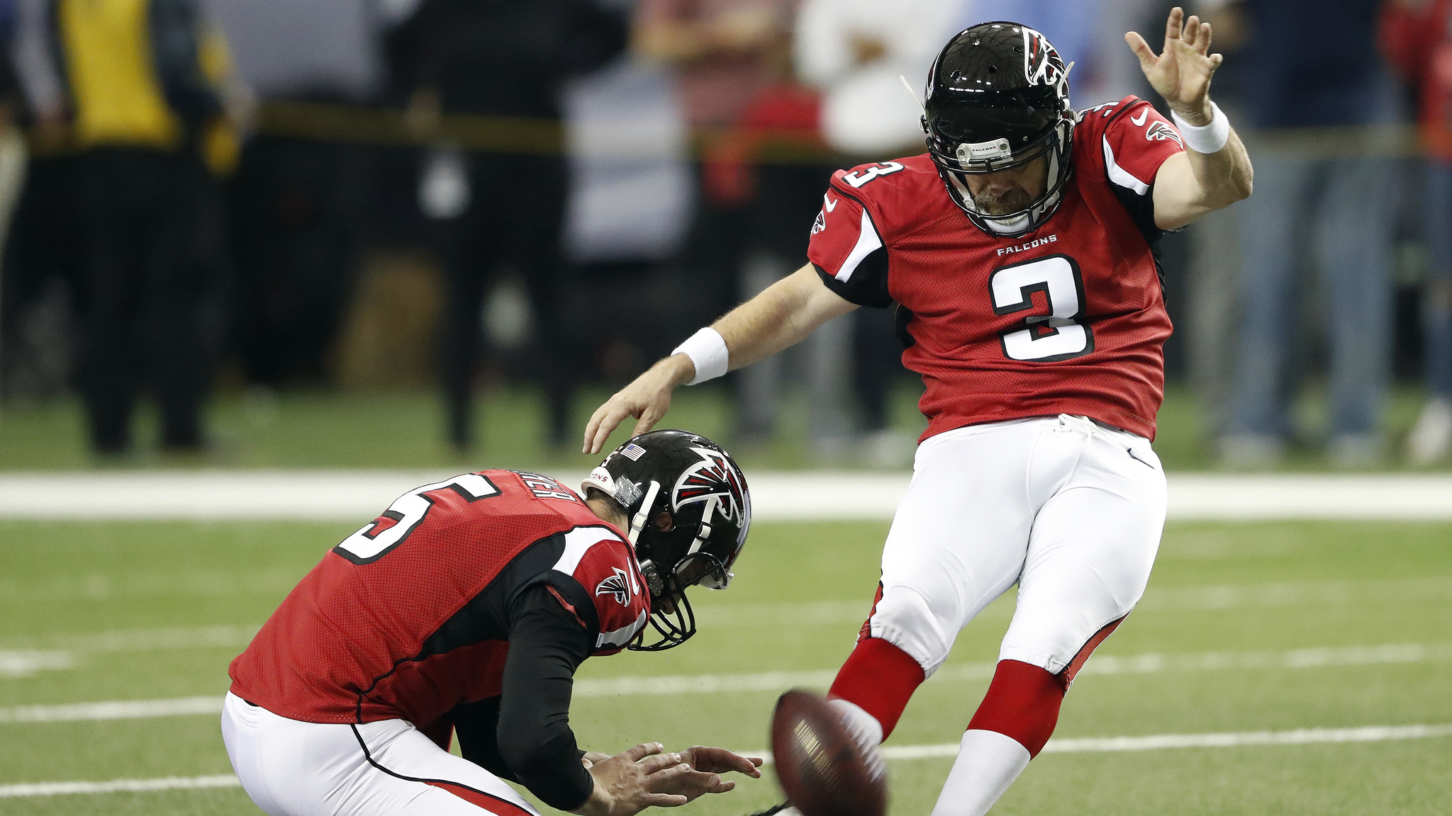 Atlanta Falcons kicker Matt Bryant warms up before an NFC divisional playoff game against the Seattle Seahawks on Jan. 17 in Atlanta. Bryant is 41, not too old to finally make it to his first Super Bowl. The Falcons&rsquo; kicker is a testament to perseverance, and truly appreciative to finally get his chance in the big game. (John Bazemore | The Associated Press file)