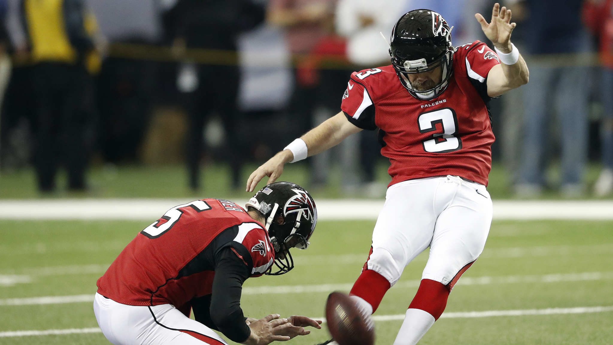 Atlanta Falcons kicker Matt Bryant warms up before an NFC divisional playoff game against the Seattle Seahawks on Jan. 17 in Atlanta. Bryant is 41, not too old to finally make it to his first Super Bowl. The Falcons’ kicker is a testament to perseverance, and truly appreciative to finally get his chance in the big game. (John Bazemore | The Associated Press file)